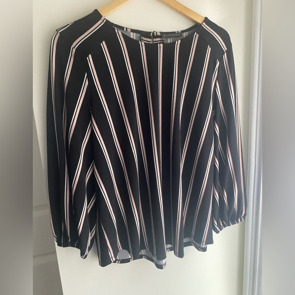 Adrianna Papell Striped Pink Black Blouse Peasant Long Sleeve Crew Neck